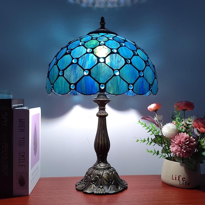 Tiffany Table Lamp Stained Glass Antique Bedside Nightstand Lamp Blue Pearl Style Small Antique Desk Light for Bedroom Living Room Home Office,3-Color LED Bulb Include
