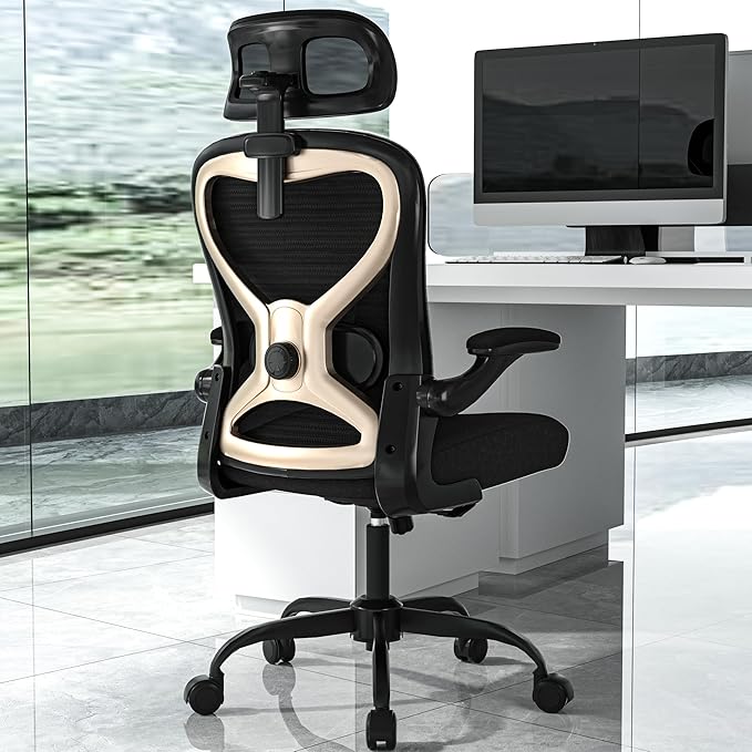 Office Chair for Back & Neck Pain Relief, Virgin Foam Seat, 2D Adjustable Lumbar & 3D Headrest, Flip-Up Armrests, Tilt & Rock for Relaxation, Black/Gold