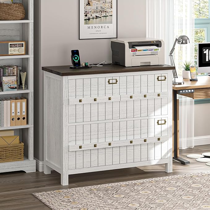 TVU Farmhouse 3 Drawer File Cabinet with Charging Station, Solid Lateral Filing Cabinet for Home Office, Office Organizer for Legal/Letter/A4/Folders File - Beside Desk Printer Stand