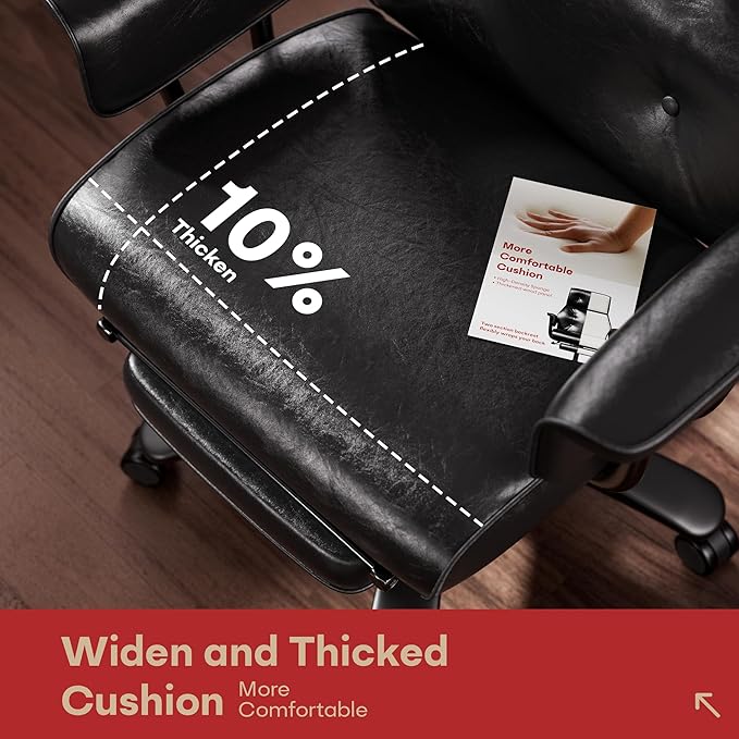 Reclining Office Chair with Footrest, Big and Tall Office Desk Chair 400lbs Wide Seat with Leather, Ergonomic High Back, Button Tufted Vintage Design, Black