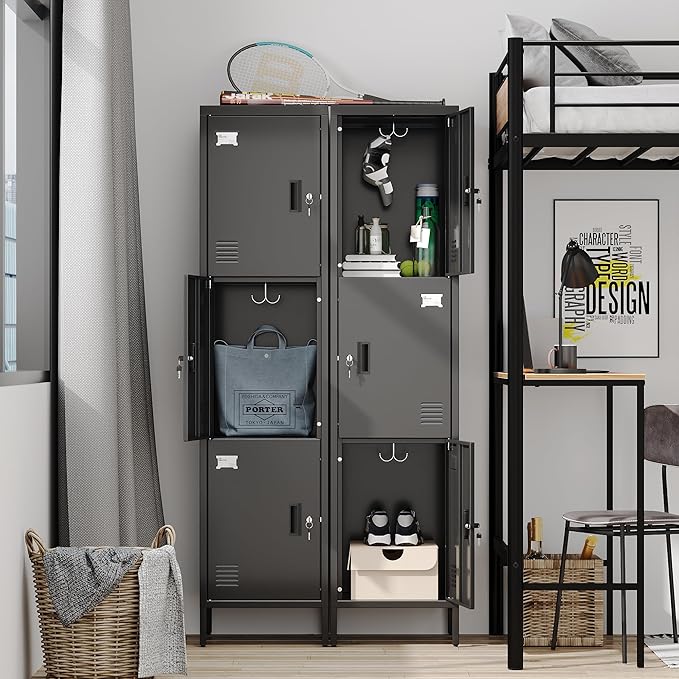 Metal Locker with Hooks and Ventilation Holes,Metal Storage Locker with Keys and Business Card Slof for Home,Gym,Garage,School,Office,66" H×15.75" W× 15.75" D,Assembly Required,Black