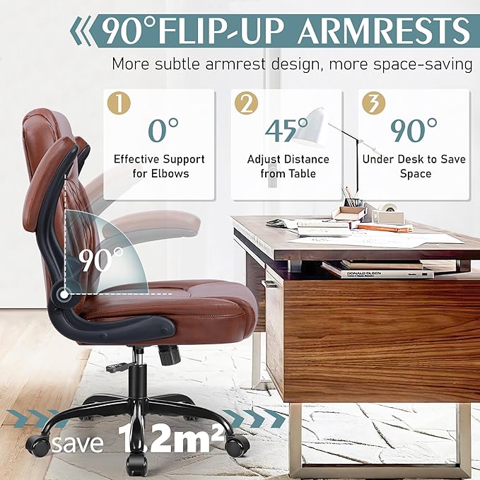 Leather Office Chair, PU Home Computer Desk Chairs with Ergonomic Back Support, 360° Swivel Free,Small Gmaing Chair with Wheels and Adjustable Armrests, for Short People Use, Vintage Brown