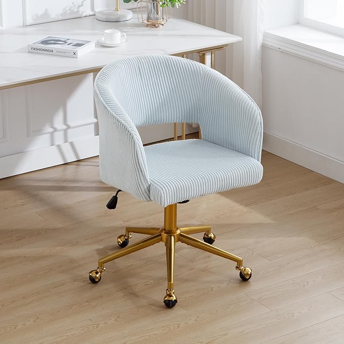 ABET Desk Chair with Wheels, Corduroy Home Office Chair, Swivel Armchair Gold Base, Upholstered Modern Accent Chairs, Back Incline Adjustable for Living Room Bedroom Vanity, Light Blue
