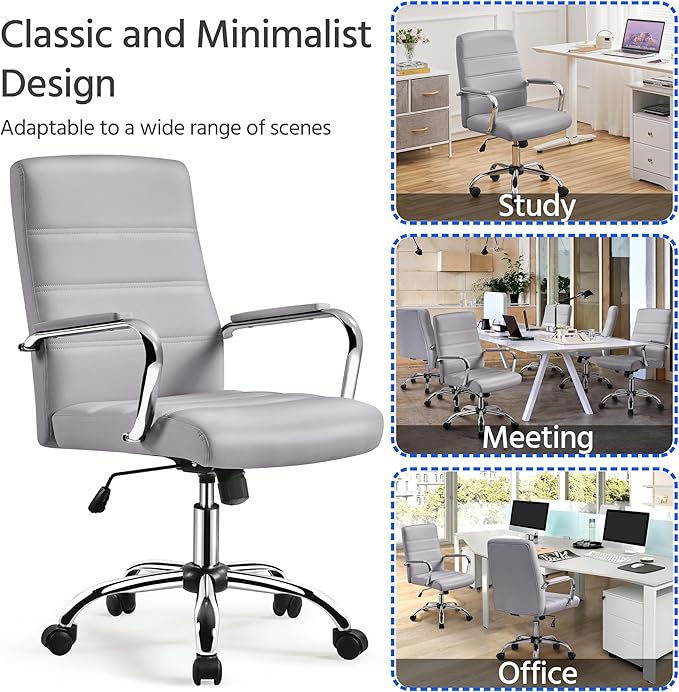 Yaheetech Mid-Back Office Chair with Arms Swivel PU Leather Height Adjustable Office Executive Chair, Light Gray