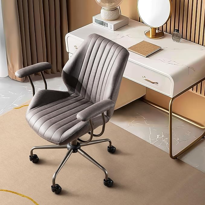 Mid Century Modren Office Chair,Mid Back Ergonomic Executive Chair with Lumbar Support, Computer Desk Swivel Task Chair with Wheels, Faux Lether Suede Fabric Home Chair, Grey