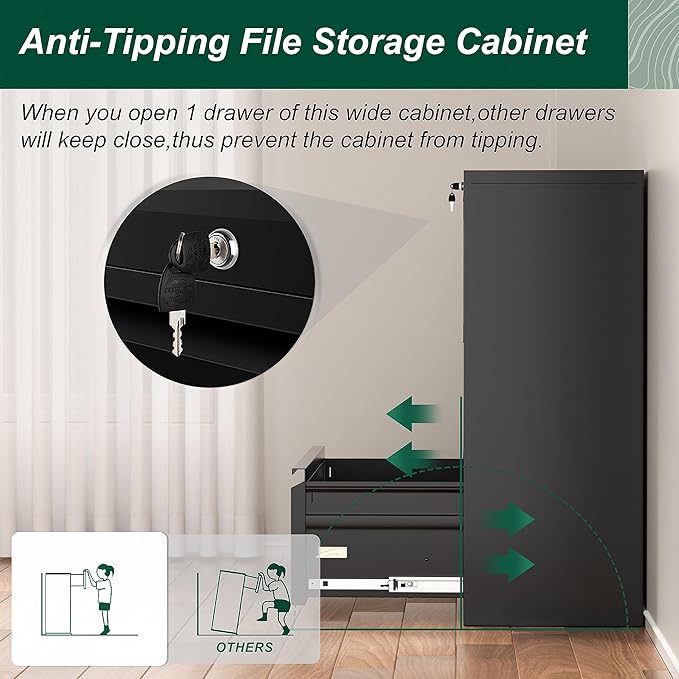 Superday Filing Cabinet Lateral File Cabinet 3 Drawer, Black File Cabinets with Lock, Locking Metal Office Filing Cabinets for Home Office/Legal/Letter/A4/F4