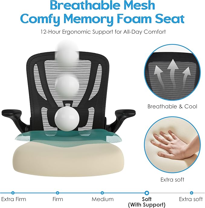 Office Chair Ergonomic Desk Chair - Mesh Computer Chair Breathable Task Chair with Wheels Adjustable Lumbar Support Home Desk Office Chairs with Flip up Armrest Executive Rolling Swivel Black