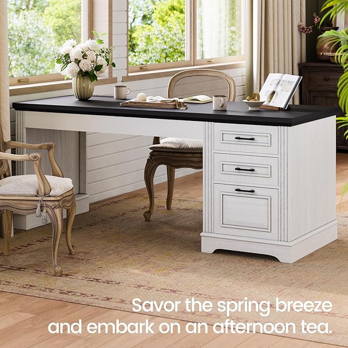 Itaar Farmhouse 55" Executive Desk, Computer Desk with Storage Drawers and Power Outlet, Home Office Desk, Workstation for Office Home, White