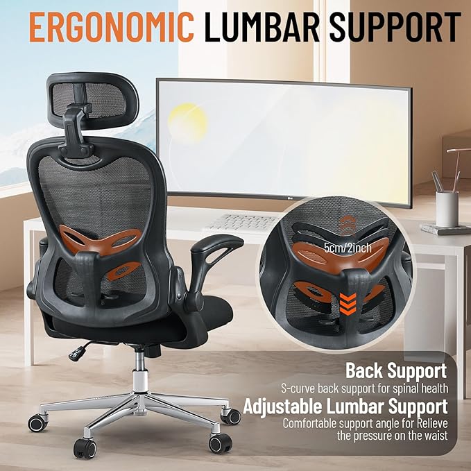 Office Chair, Ergonomic Breathable Mesh,Flip-Up Arms and Adjustable High Back Lumbar Support,Comfy Computer Chair for Home Office (Black, 407)