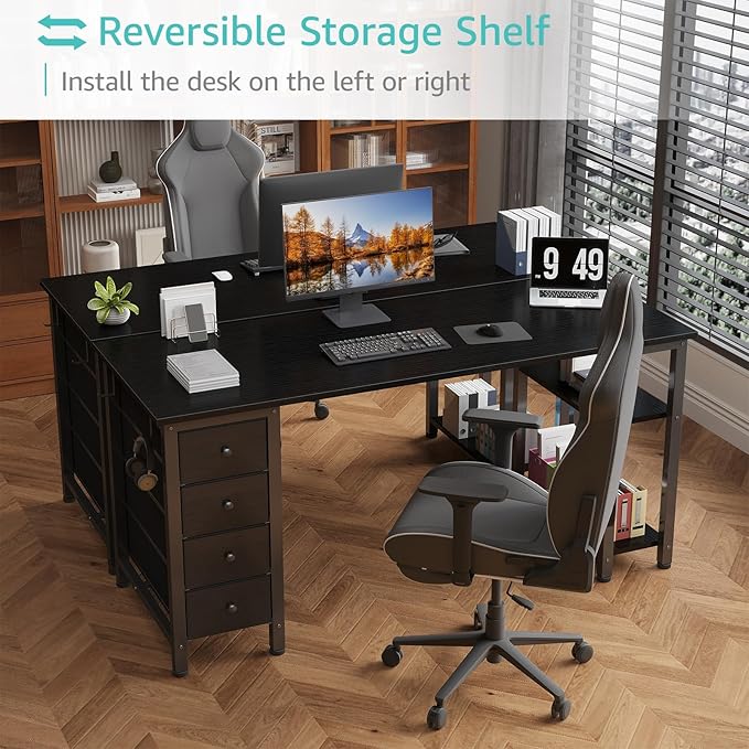 Lufeiya Gaming Desk with 4 Fabric Drawers & Storage Shelves, 63 inch Computer Writing Work Study Desk for Home Office Bedroom, Modern Simple Student PC Desks Table, Black