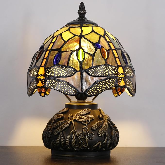 Small Tiffany Lamp Mini Stained Glass Table Lamp Brown Yellow Dragonfly Style Mushroom Desk Light Memory Sympathy Lamp 8X11 Inch