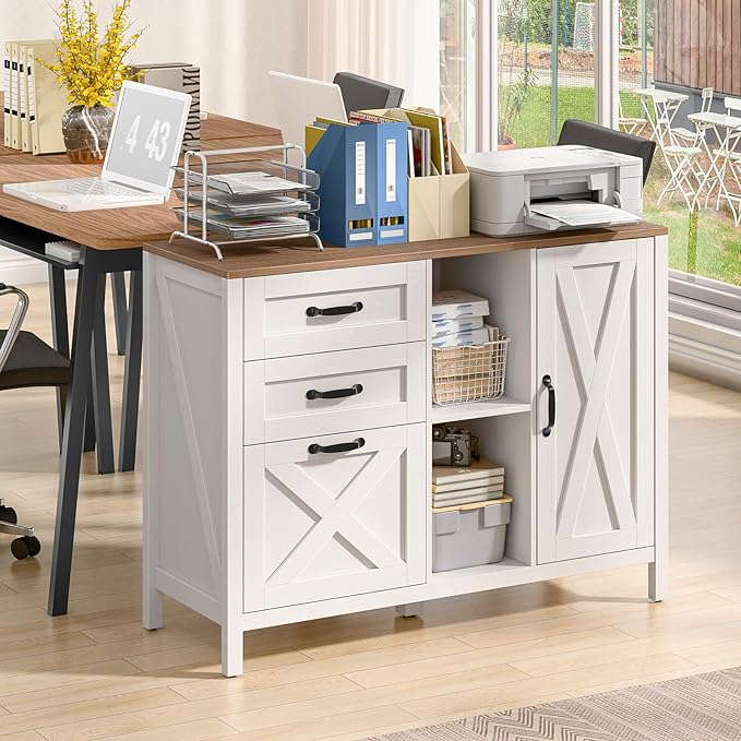Lateral File Cabinet with 3 Drawers and Door, Farmhouse File Cabinet with Adjustable Shelf for Letter/A4 Size Hanging Files, Printer Stand with Storage Cabinet for Home Office Furniture, White