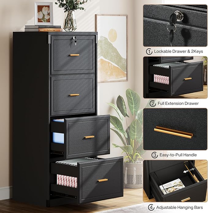 Tribesigns 4-Drawer File Cabinet with Lock, Locked File Cabinet with Key, Tall Wooden Filing Cabinets for Home Office, Vertical Office Storage for Legal Size/Letter/A4/Files, Black (2 Piece)