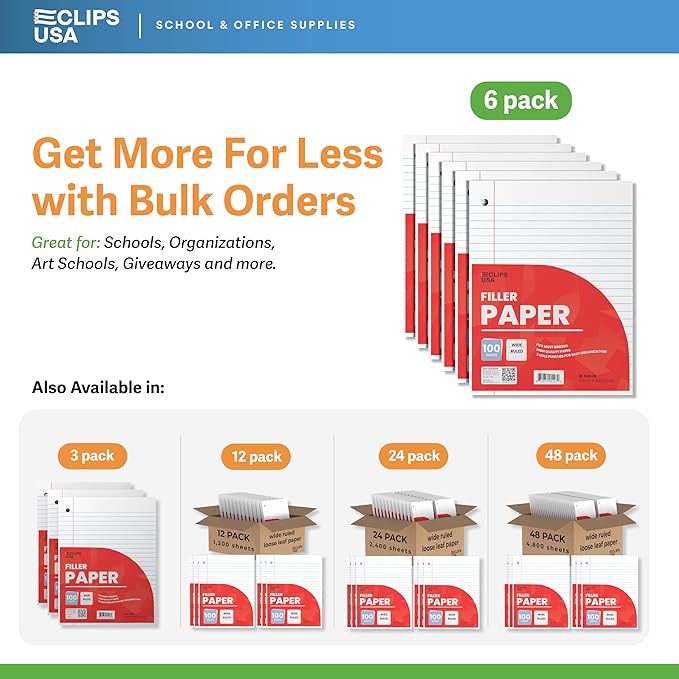 Notebook Paper, Loose Leaf Paper, Wide Ruled Paper, 10.5? x 8?, Filler Paper, 100 Sheets Per Pack, 60 gsm (6 Pack)