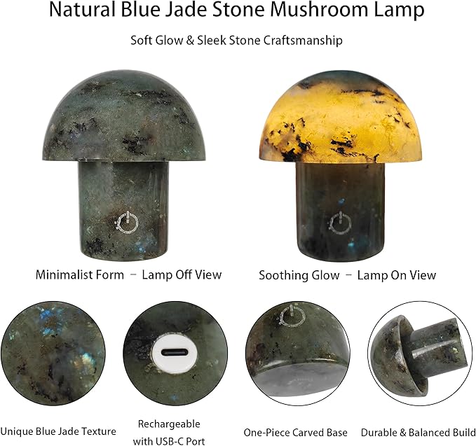 Handcrafted Onyx Mushroom Lamp - 4.3" x 4.7" Natural Marble Stone Night Light with 3-Level Brightness, Rechargeable Touch LED Accent Light for Bedroom, Office, Gift