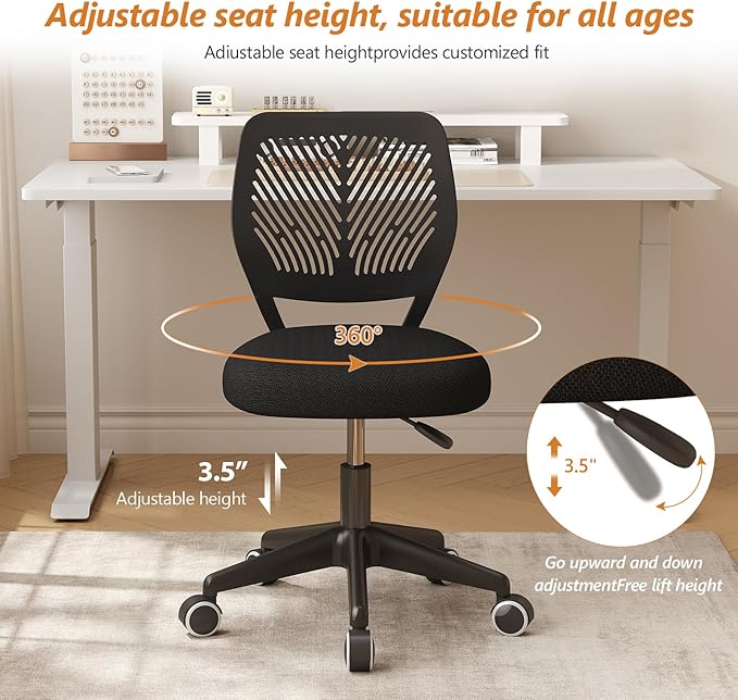 Armless Desk Chair, Height Adjustable Swivel Office Rolling Task Chairs with Soft Mesh Padded Cushion, Ergonomic Small Study Computer Chair for Girls Boys Teens (Black, 4PCS)