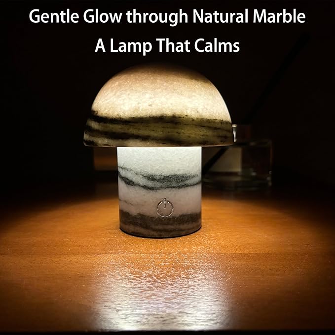 Handcrafted Natural Stone Mushroom Lamp - Rechargeable Bedside LED Night Light with Type-C Port, Unique Marble Table Lamp for Modern Interiors