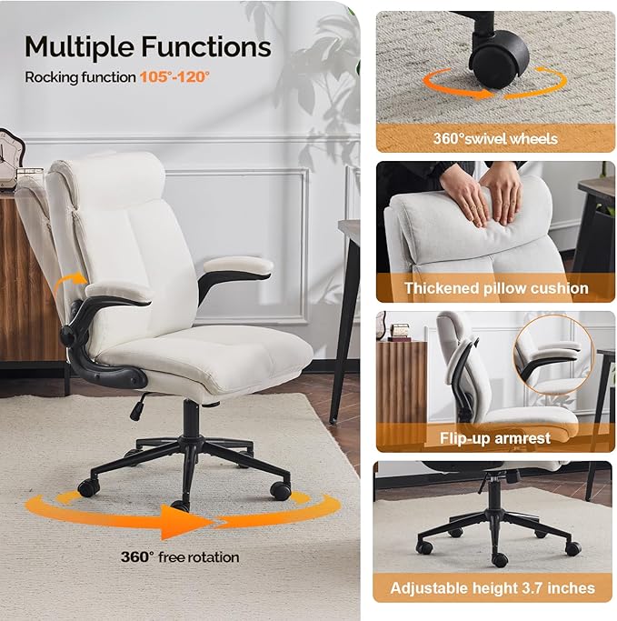 VINGLI Rolling Ergonomic Office Desk Chair with Padded Flip-up Arms, 360° Swivel High Back Executive Computer Chair with Wheels for Game,Home Small Space, Study Room, Reading Room, Linen Light Grey