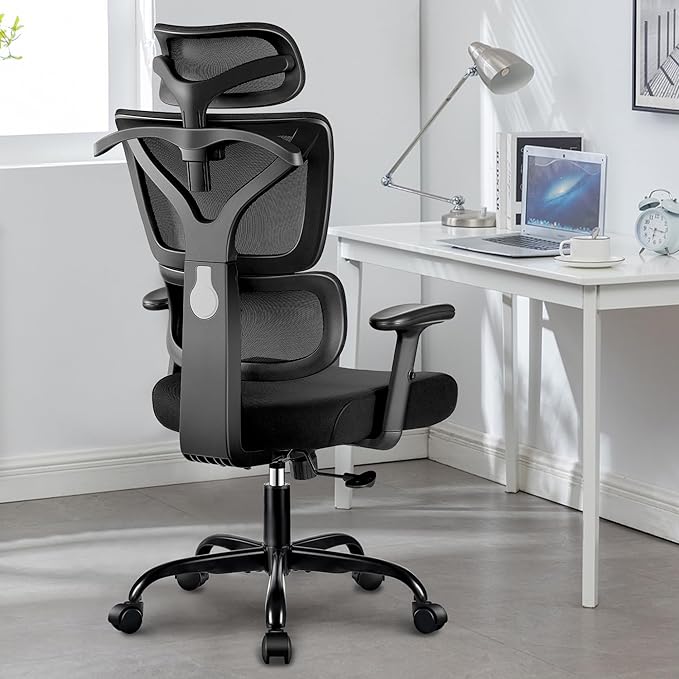 Winrise Office Chair Ergonomic Desk Chair, High Back Gaming Chair, Big and Tall Reclining Comfy Home Office Chair Lumbar Support Breathable Mesh Computer Chair Adjustable Armrests (Black)