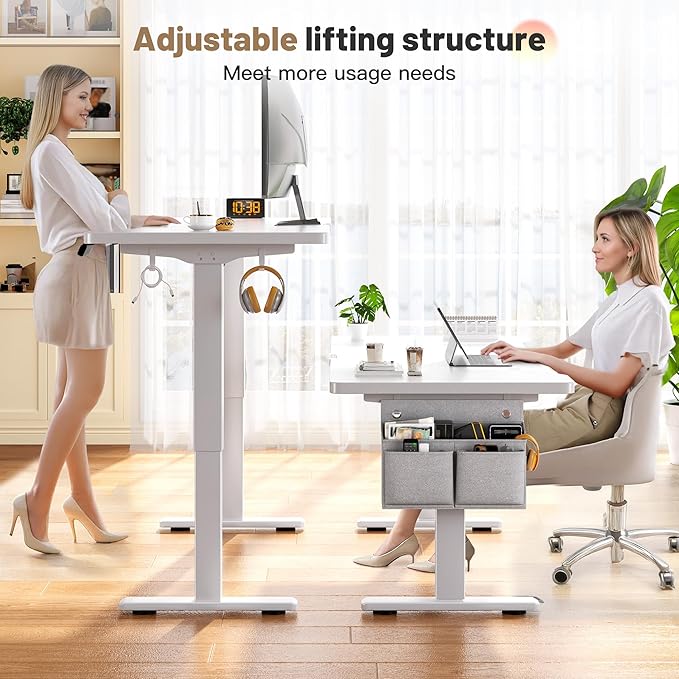 EnHomee 48 x 24 Inches Electric Standing Desk with Light Strip, Stand up Desk with Memory Preset, Height Adjustable Desks for Work Home Office, Computer Desks with Detachable Side Mount Pocket, White