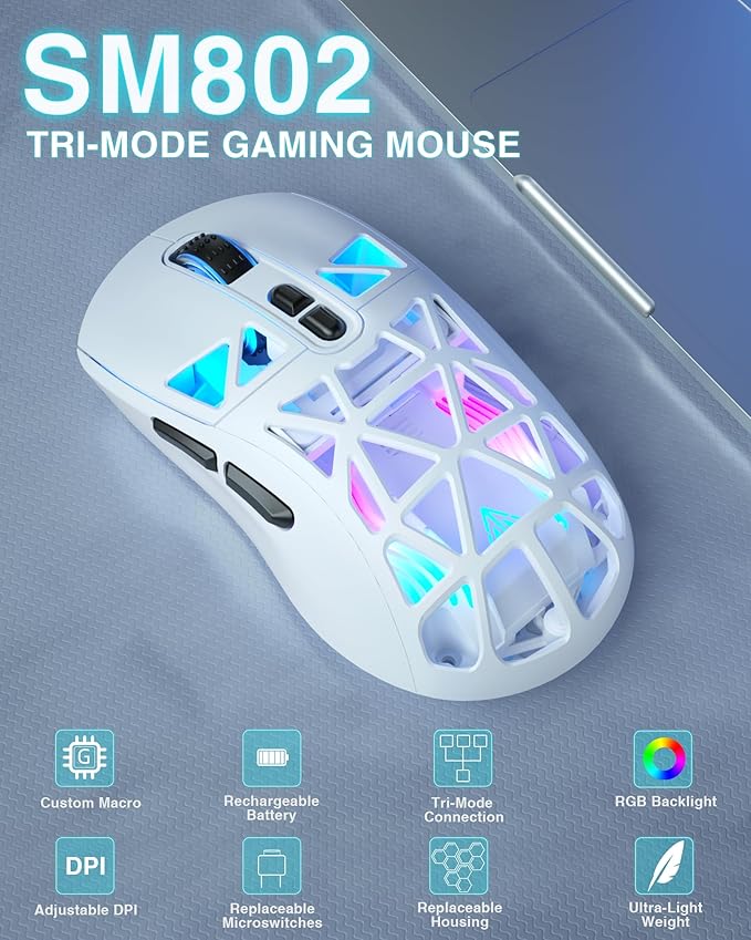 SOLAKAKA SM802 White Wireless Gaming Mouse,10000 DPI,Tri-Mode Wired/BT 5.0/2.4GHz Wireless Mouse Gaming with Side Button,RGB Programmable Macro Mouse for Laptop