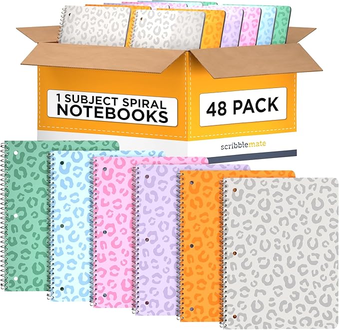 Spiral Notebooks College Ruled 1 Subject Spiral Notebook Bulk Pack of 48 Assorted Soft Colors, 8 x 10 1/2 Inch, 70 Sheets, Leopard Pattern Bulk Notebooks for Work & School