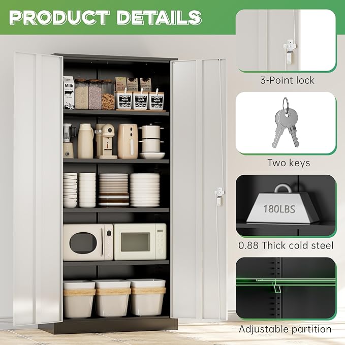 INTERGREAT Metal Storage Cabinet for Garage,72" Lockable Storage Cabinets with Doors and Adjustable Shelves,Black Steel Locking Cabinet for Garage,Office,Home,Gym,School (Black Grey)