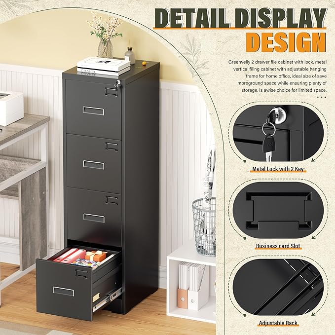 Greenvelly 4 Drawer File Cabinet,Locking Metal Vertical File Cabinet,Office Steel Filing Cabinet for Hanging Letter/Legal Folders,Assembly Required,Black,18" D x 15" W x 52" H