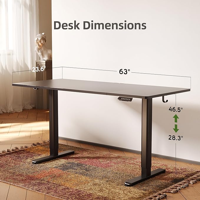 INNOVAR Electric Standing Desk, Adjustable Height Stand up Desks, 63 x 24 Inches Sit Stand up Desk for Home Office Computing, 3-Preset Memory Height Ergonomic Rising Desks, Black