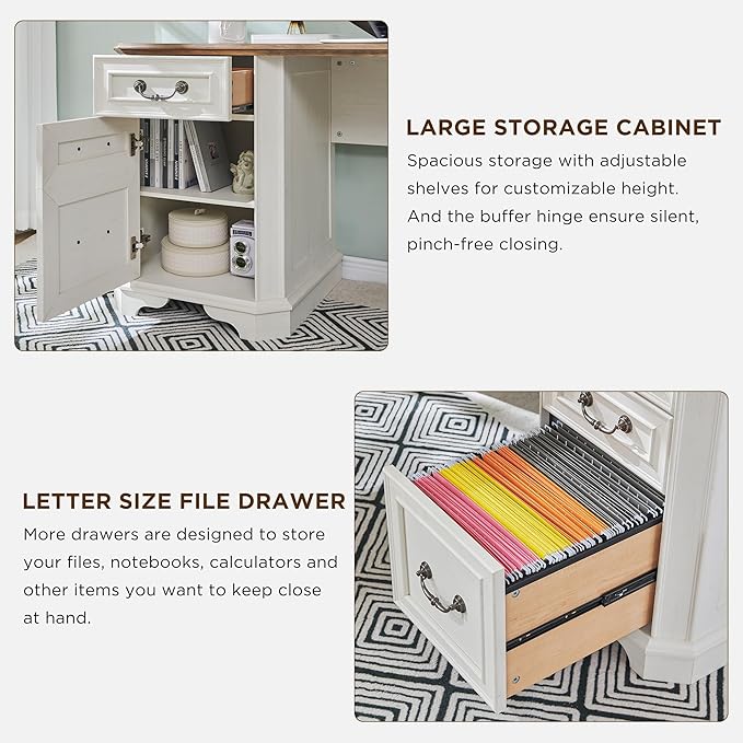 T4TREAM 59" Executive L Shaped Desk with Drawers,Farmhouse Wood Computer Coner Desk, Featuring Charging Station,File Drawer, Storage Cabinet,for Home Office Work and Study (Antique White)