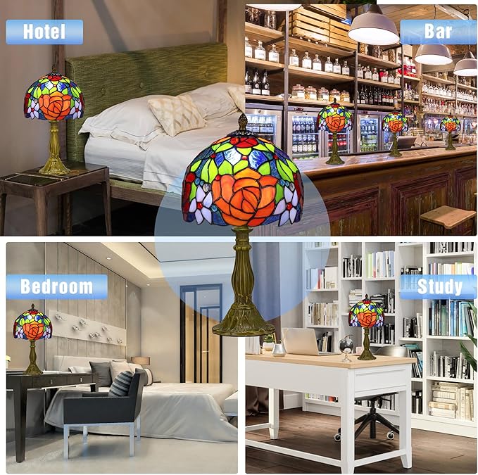 Tiffany Style Lamp Rose Flower Stained Glass Table Lamp red Rose 8X8X14 Inches Home Office Desk Lamp Lights Decorate Gift Include Light Bulb