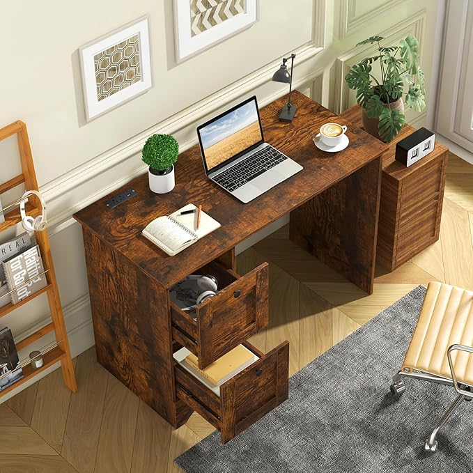 Tangkula Computer Desk with Drawers & Charging Station, Wooden Home Office Desk PC Laptop Notebook Desk, Compact Study Desk Writing Desk, Computer Workstation Ideal for Home & Office (Rustic Brown)