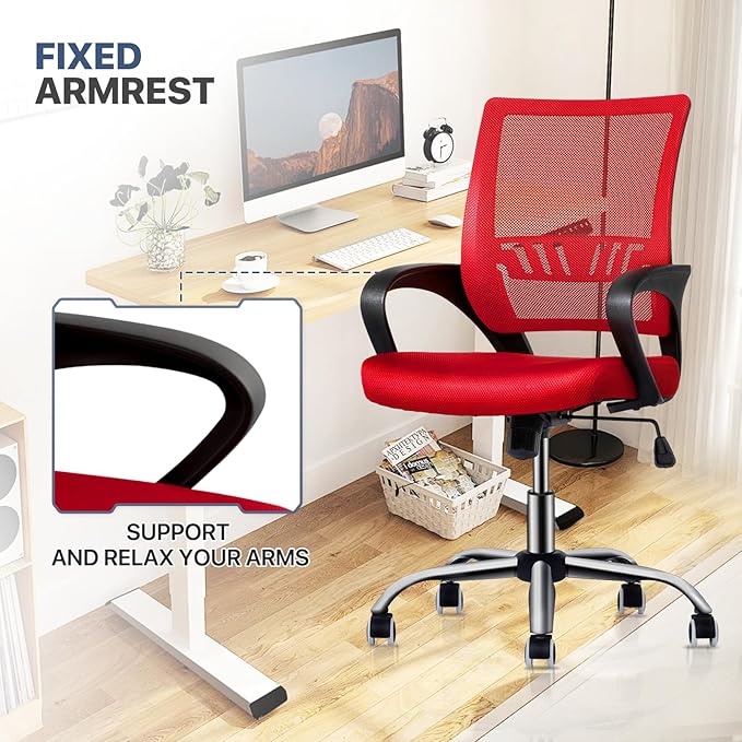 MoNiBloom Mesh Office Home Chair, Mid Back Ergonomic Rolling Swivel Chair with Padded Seat and Armrest, 250 lbs Capacity, Red