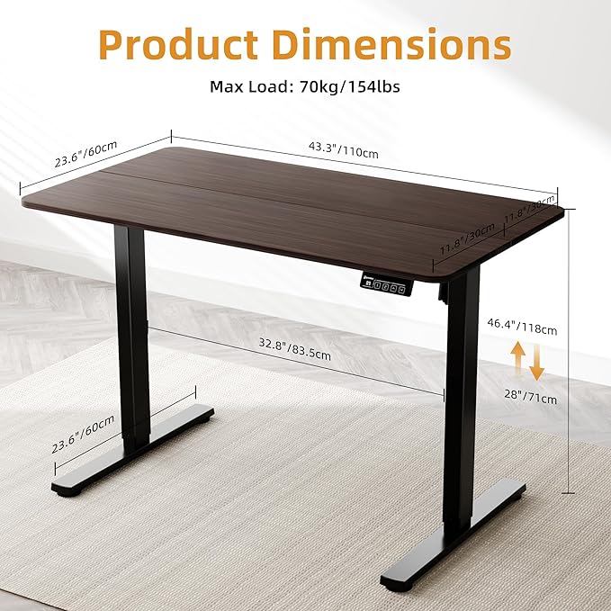 ERGOMAKER Electric Standing Desk, 43.3" x 23.6" Height Adjustable Sit Stand Desk with Splice Board for Home Office, Computer Desk Memory Preset (Black Frame, Walnut Desktop)