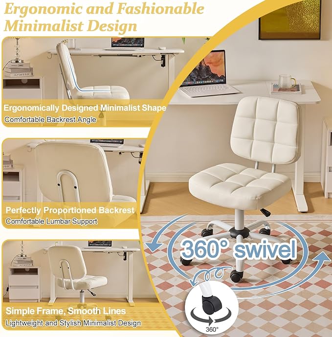 VINGLI Compact Small Desk Chair, Cute Armless Chair with Wheels, Vanity Chair with Low Back, Height Adjustable Task Chair for Small Spaces, Office, Bedroom, Make Up Room, PU Leather, White