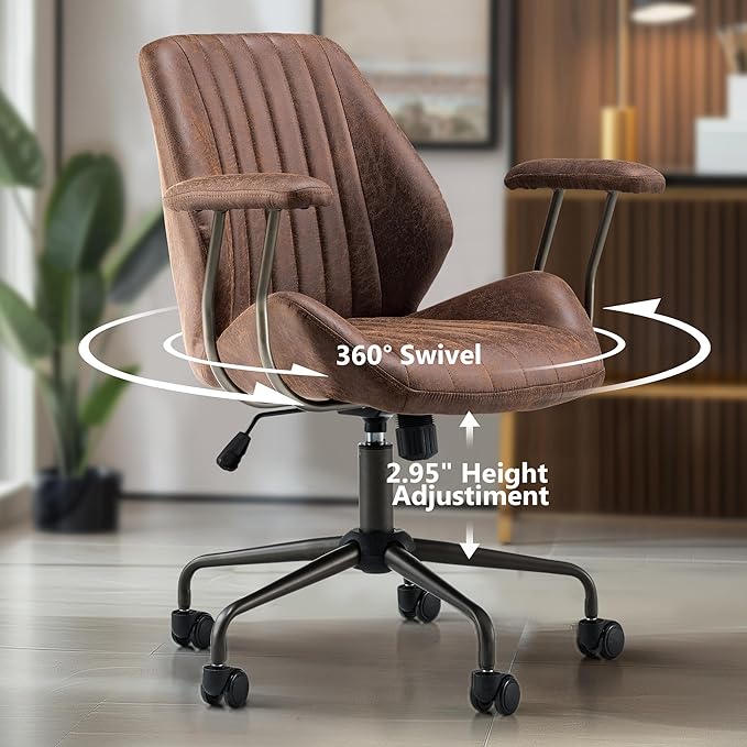Mid Century Modren Office Chair,High Back Ergonomic Executive Chair with Lumbar Support, Computer Desk Swivel Task Chair with Wheels, Faux Lether Suede Fabric Home Chair (Dark Brown, Mid Back)