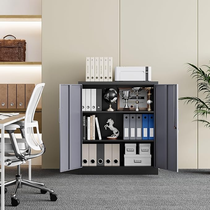 Yizosh Metal Garage Storage Cabinet with 2 Doors and 2 Adjustable Shelves - 35.5" Steel Lockable File Cabinet for Home Office,Garage,Gym,School(Gray Black)