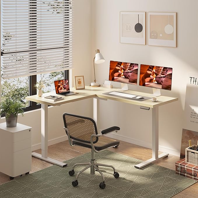 L-Shaped Standing Desk, 63 x 55 Inches Height Adjustable Desk, Sit and Stand up for Work Office Home, Ergonomic Rising Computer Table for Home Office with Splice Board, Maple