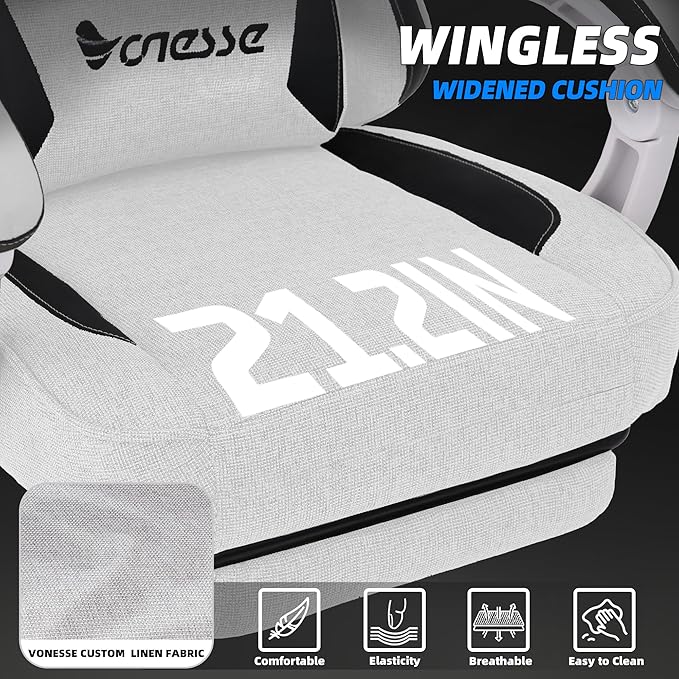 Vonesse Gaming Chair, Computer Chair Fabric with Pocket Spring Cushion, Office Chair with Footrest and Massage Lumbar Support, Reclining Gaming Chairs for Adults 250LBS (Beige White)