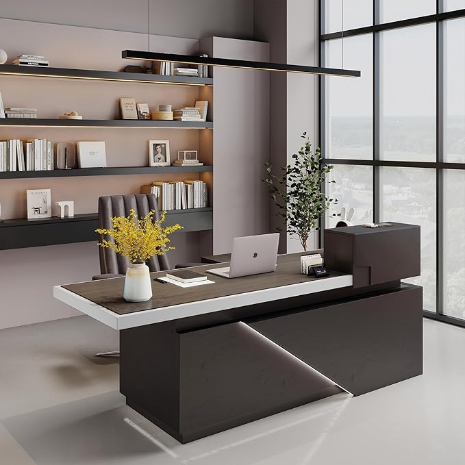 SAINTCY 86" Executive Desk with Drawers - L Shaped Desk with File Cabinet, Black Executive Office Desks with LED Light, Home Office Desk,2.6" Thickened Desktop