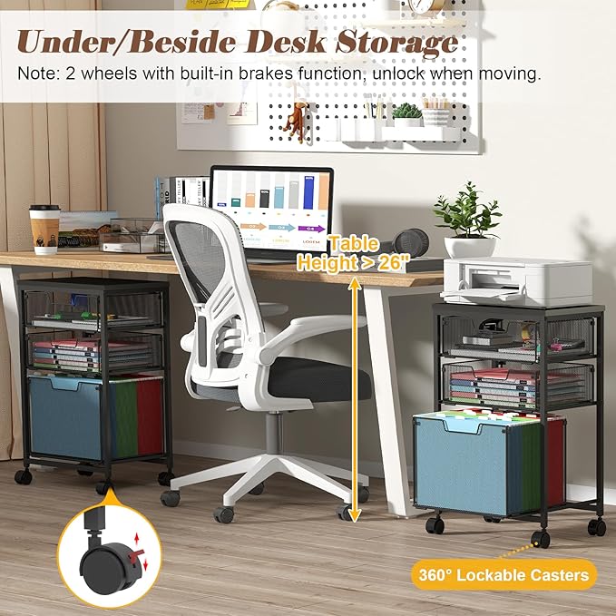 Rolling File Cart with 3 Drawers, Mobile Filing Cabinet for Home Office, Under Desk Storage Organizer with Wheels, Hanging Folder Holder Utility Cart Printer Stand, Black