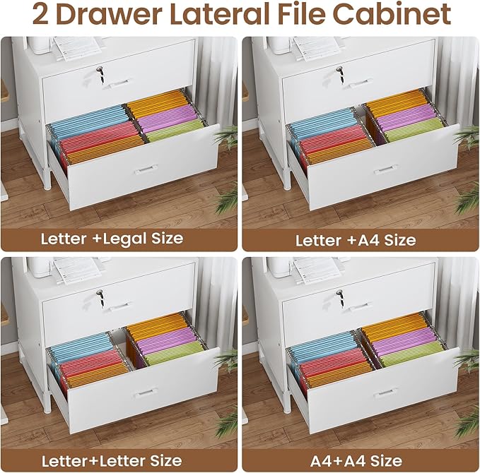 SEDETA 2 Drawer File Cabinet with Lock, Charging Station and Bookshelf, Filing Cabinet Fits Letter, Legal, A4 Size, Wood File Cabinets for Home Office, Printer Stand with Storage Shelf, White