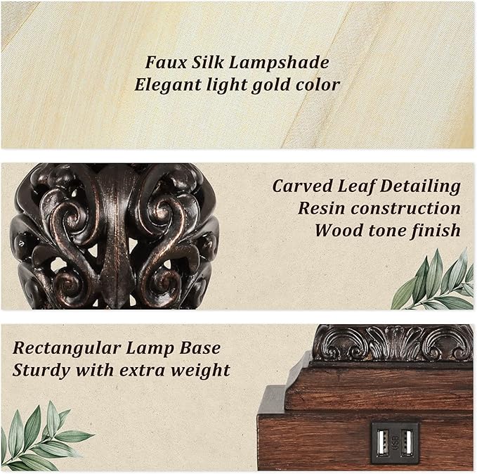 Set of 2 Touch Control 3-Way Dimmable Table Lamps with 2 USB Charging Ports Traditional Bedside Lamps with Bell Shape Faux Silk Shade & Brown Base for Bedroom Nightstand Living Room LED Bulbs Included