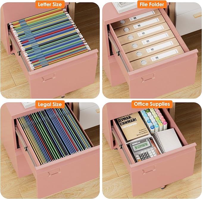 2 Drawers Metal File Cabinet with Lock, Under Desk Mobile Filing Storage Cabinet with Business Card Slot for Letter/Legal/F4/A4 Size Folders,Required Assembly,14.57"W x 17.36"D x 25.79"H,Pink