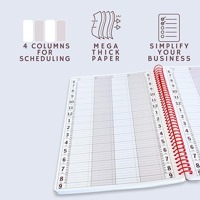 Notebook Planner, 4 Column Appointment Book – Large 8.5" x 13.5" Undated 2025 Planner, Daily & Hourly Planner in 15 Minute Increments – Spiral Notebook Organizer for Scheduling Appointments (4 Columns)