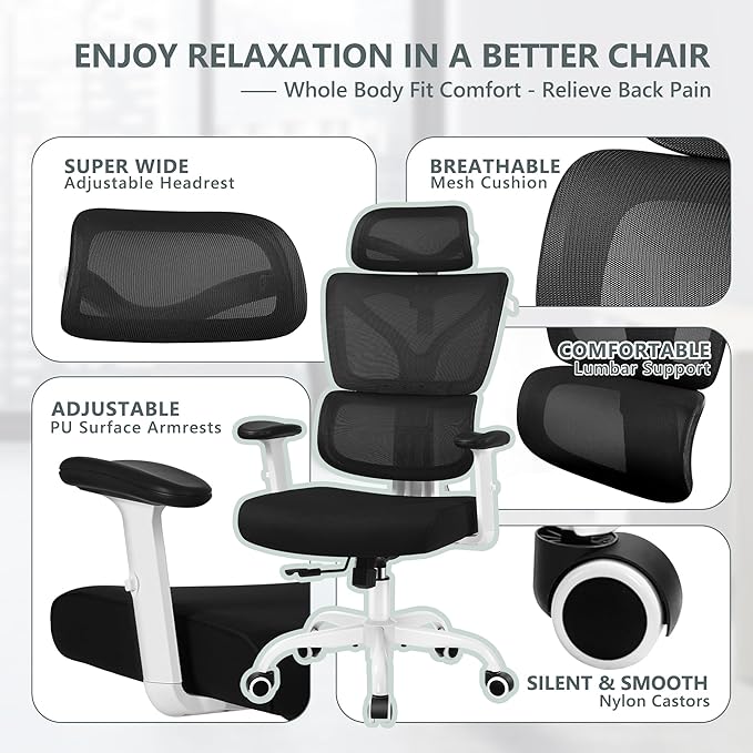 Winrise Office & Gaming Chair, High Back Ergonomic Reclining Desk Chair, Big & Tall, Comfy Home Office, Breathable Mesh, Adjustable Armrests (White)
