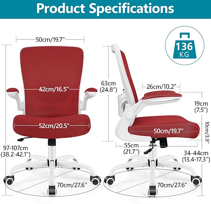 FelixKing Office Chair, Ergonomic Desk Chair Breathable Mesh Chairs Adjustable High Back Lumbar Support Flip-up Armrests, Executive Rolling Swivel Comfy Computer Chairs Home Office Fire Brick