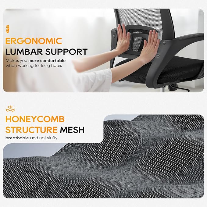 BestOffice | Ergonomic Office Chair | Mid-Back Swivel Desk Chair | Breathable Backrest & Lumbar Support | Adjustable Height | Sponge Seat | Rolling Wheels | Dark Black | for Adults & Women