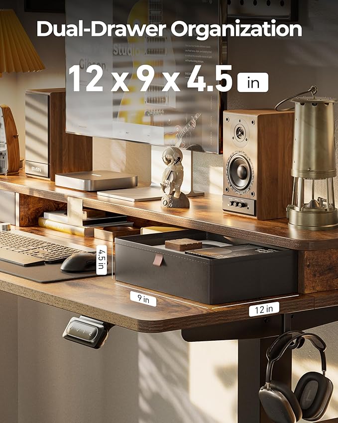 FEZIBO 60 x 24 Inch Height Adjustable Electric Standing Desk with Double Drawer,Computer Desk, Home Office Stand Up Table with 4 Height-Adjustable Feets & 2 Hooks, Rustic Brown
