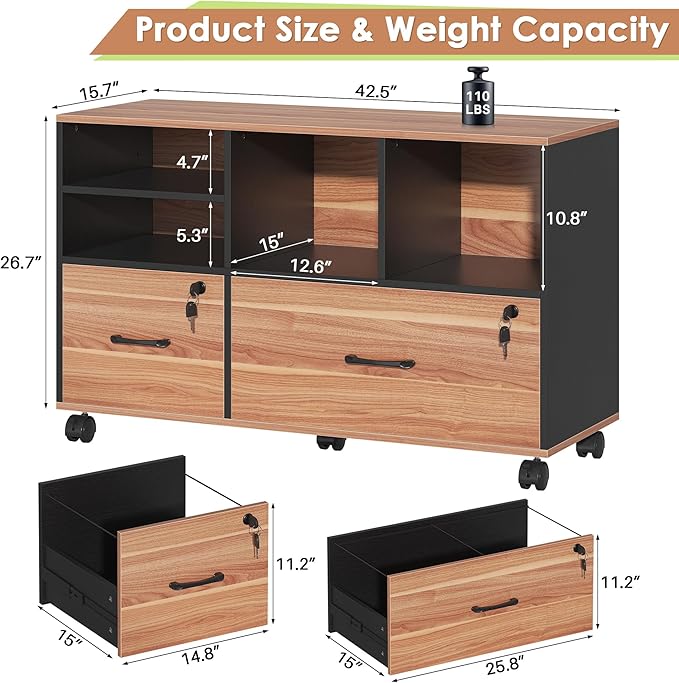 Semoic 2 Drawer File Cabinet for Home Office, Lockable Rolling Filing Cabinet with Adjustable Shelves, Wood Lateral File Cabinet with Lock, Printer Stand Office Storage Cabinet, Rustic Brown & Black